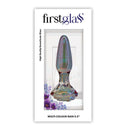 First Glass Anal Plug 5.5 inches displayed in elegant packaging with multi-color design.