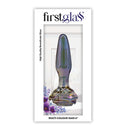 First Glass Anal Plug Multi Color 6 inches elegantly displayed in packaging with floral design.