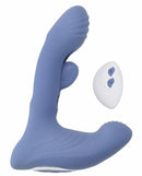 Gender X Flapjack Vibrating Dildo With Clitoral Stimulator Blue and remote control for enhanced pleasure.