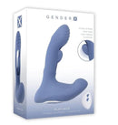 Gender X Flapjack Vibrating Dildo With Clitoral Stimulator Blue packaging showcasing internal and external stimulation features.