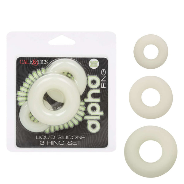 Alpha Glow-In-The-Dark Liquid Silicone 3 Ring Set Packaging and Rings for Enhanced Pleasure and Stamina