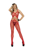 Elegant Moments Heart Net Bodystocking With Open Crotch Red worn by a model showcasing its seductive design.