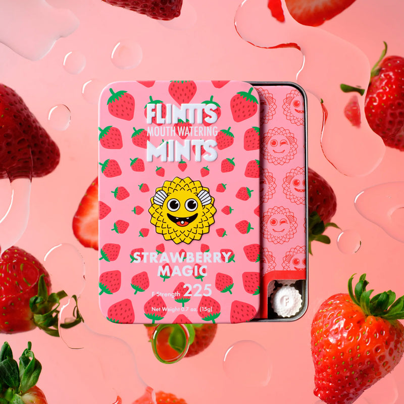 Flintts Mouth Watering Mints Strawberry Magic 2 Pack with vibrant strawberry design and playful branding. F-Strength 225.