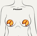 Sweet Golden Fortune Cookie Pasties on a graphic illustration of a torso, showcasing playful and unique design.