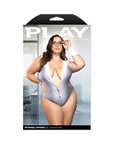 Internal Affairs Pinstriped Plunge Teddy Grey 1X/2X costume set showcased on model with glasses.