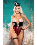 Castaway Rhinestone Fishnet Teddy 3 Piece Set Black Red L/XL worn by model with pirate hat on colorful background.