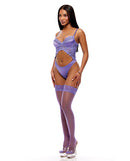 See It Through Guipure Teddy Set with Stockings Purple Large displayed on a model, showcasing the elegant lace bodysuit and stockings.