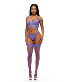 See It Through Guipure Teddy Set with Stockings Purple XL worn by model featuring lace bodysuit and thigh high stockings.