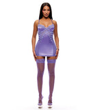 Forplay See It Through Lace Chemise Set Purple Small worn by a model showcasing the elegant chemise and thigh high stockings.