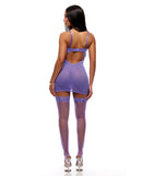 Forplay See It Through Lace Chemise Set Purple Small showing back view of chemise with matching stockings and G-string.