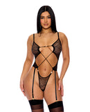 Pull My Strings Sheer Mesh Teddy with Garters Black Large displayed on a model, showcasing its alluring design and playful details.