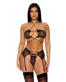 Pull My Strings Halterneck Bra Garter and Panty Black XL worn by model showcasing sheer lingerie set.