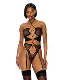 Pull My Strings Sheer Mesh Halterneck Teddy Black Small displayed on a model, featuring wave mesh and faux pearl embellishment.