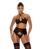 Feeling Butterflies Mesh Bra Garter and Panty Set Black XL showcasing a sheer mesh halterneck bra and garter belt.