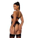 Feeling Butterflies Mesh Bra Garter and Panty Set Black XL on model from the back, showcasing sheer mesh and strappy detailing.
