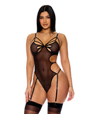Feeling Butterflies Mesh Teddy with Garters Black Medium showcasing sheer black mesh and butterfly cutouts.
