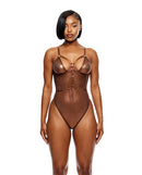 Forplay Liquid Metal Metallic Mesh Teddy Copper XL on a model, showcasing its high-shine glamour and edgy design.