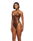 Forplay Liquid Metal Metallic Mesh Teddy Copper XL worn by a model showcasing its glamorous style and edgy design.