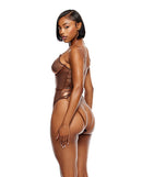 Forplay Liquid Metal Metallic Mesh Teddy Copper XL on a model, showcasing a high-shine copper finish and edgy design.
