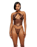Liquid Metal Mesh Bustier and G-String Set Copper Large showcasing a high-shine metallic finish and stylish design.