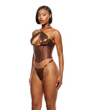 Liquid Metal Mesh Bustier and G-String Set Copper Large displayed on model in warm copper finish.