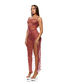 Patch of Petals Lace Gown and Thong Set Mauve Large displayed on model, showcasing lace patchwork and sheer design.