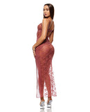 Model wearing Patch of Petals Sheer Mesh Lace Gown and Thong Set Mauve from the back, showcasing its romantic lace design.