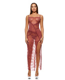 Patch of Petals Sheer Mesh Lace Gown and Thong Set Mauve XL shown on model, highlighting intricate lace design and sheer panels.