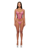 Animal Instincts Bustier and Panty Set Pink Leopard Medium showcased on model, featuring lace-up detail and sheer mesh.