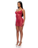 Layers To This Sheer Mesh Chemise and Thong Set Pink Medium displayed on a model in a striking red sheer fabric.