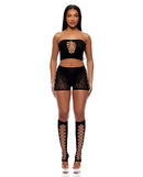 Forplay Cross Your Mind Bodystocking Set Black Queen featuring a tube top and lace shorts with criss-cross detailing.