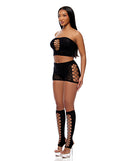 Forplay Cross Your Mind Bodystocking Set Black Queen showcasing a model in a bold black bodystocking with criss-cross details.