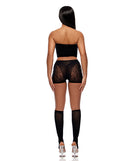 Forplay Cross Your Mind Bodystocking Set Black Queen featuring a seamless tube-top and lace shorts.