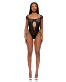 Cross Your Mind Seamless Rhinestone Teddy Black Queen Size featuring a sheer bodystocking design with floral and animal prints.