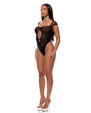 Cross Your Mind Seamless Teddy with Rhinestone Accents Black displayed on a model showcasing its floral and animal print design.