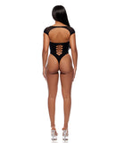 Cross Your Mind Seamless Teddy with Rhinestone Accents Black - Back view showcasing lace-up detail and sheer design.
