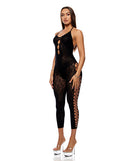 Forplay Cross Your Mind Capri Floral Bodystocking Black worn by model, showcasing its floral and animal print design.
