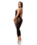 Forplay Cross Your Mind Capri Floral Bodystocking Black showcasing a model in a black floral bodystocking from the side.