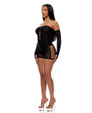 Cross Your Mind Rhinestone Romper Bodystocking Queen Black showcased on a model, highlighting its bold style and structure.