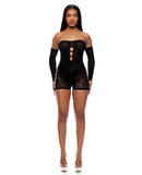 Cross Your Mind Romper Bodystocking and Gloves Set Black featuring strapless design and fingerless gloves.
