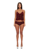 Velvet Lines Mesh Cami and Boy Short Set Red Black Medium featuring red and black plaid burnout velvet mesh.