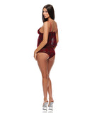 Forplay Velvet Lines Mesh Cami and Boy Short Set Red Black featuring a model showcasing a stylish back view.