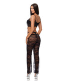 Layer of Seduction Lace Bra Thong and Pants Set Black Small worn from the back, showcasing the elegant lace and flare pants.