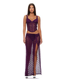 Feel Me Lace Bustier Panty and Skirt Set Purple Large displayed by a model, featuring a structured bustier and flowing skirt.