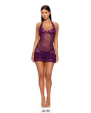Forplay Feel Me Lace Chemise and Panty Set Purple XL displayed on a model, featuring lace design and satin halterneck ties.