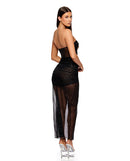 Forplay Private Party Glitter Dress with Thong Black XL worn by model, showcasing its elegant design and shimmer.