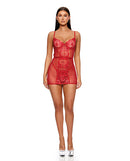 La Vie En Rose Embroidered Chemise Panty and Belt Set Red: romantic red lingerie set with floral lace details.