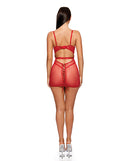 La Vie En Rose 3 Piece Chemise Panty and Belt Set Red Small showing back view with lace detail and sheer fabric.