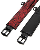 Fifty Shades of Grey Sweet Anticipation Ankle Cuffs, featuring red floral and black designs with sturdy buckles.