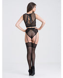 Fifty Shades of Grey Captivate Lacy Bra Set Black showcasing a model in a seductive three-piece lingerie ensemble.